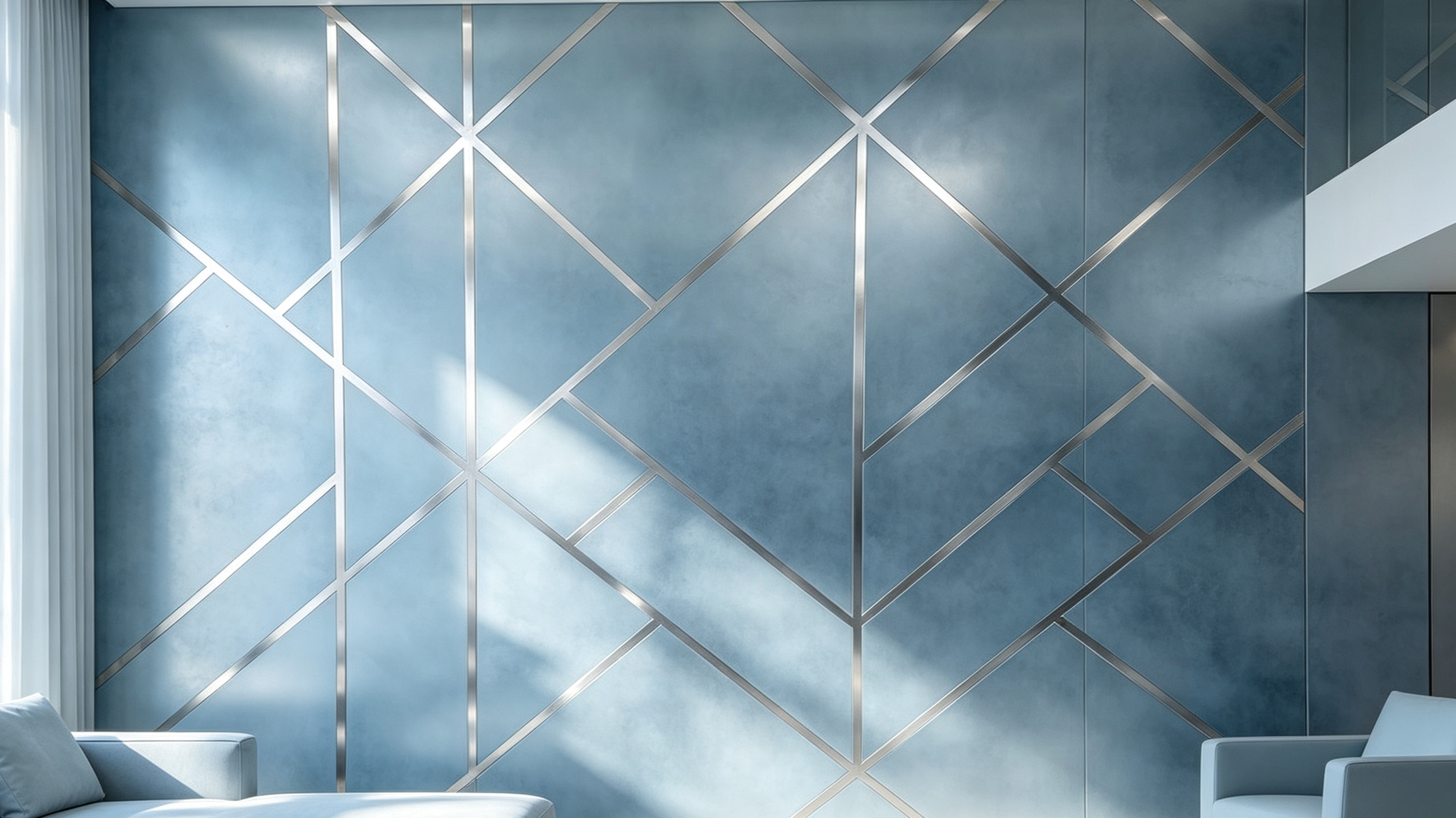 Interior of a room with a blue textured wall featuring silver geometric lines, a white curtain on the left, and part of a white sofa and a white chair visible in the lower corners.