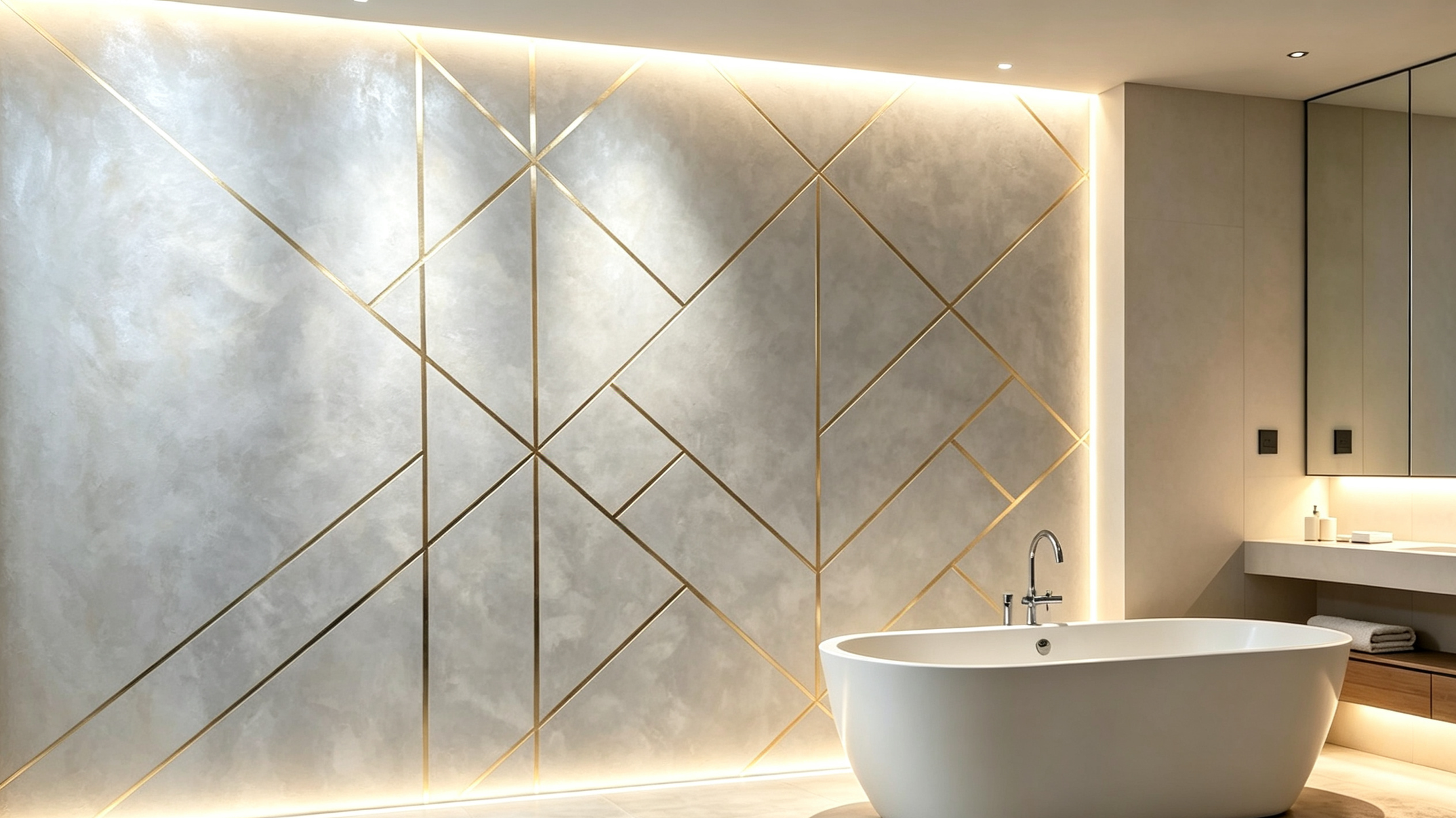 Modern bathroom with a freestanding bathtub in front of a decorative wall with diagonal gold lines. There are towels and a countertop with toiletries.