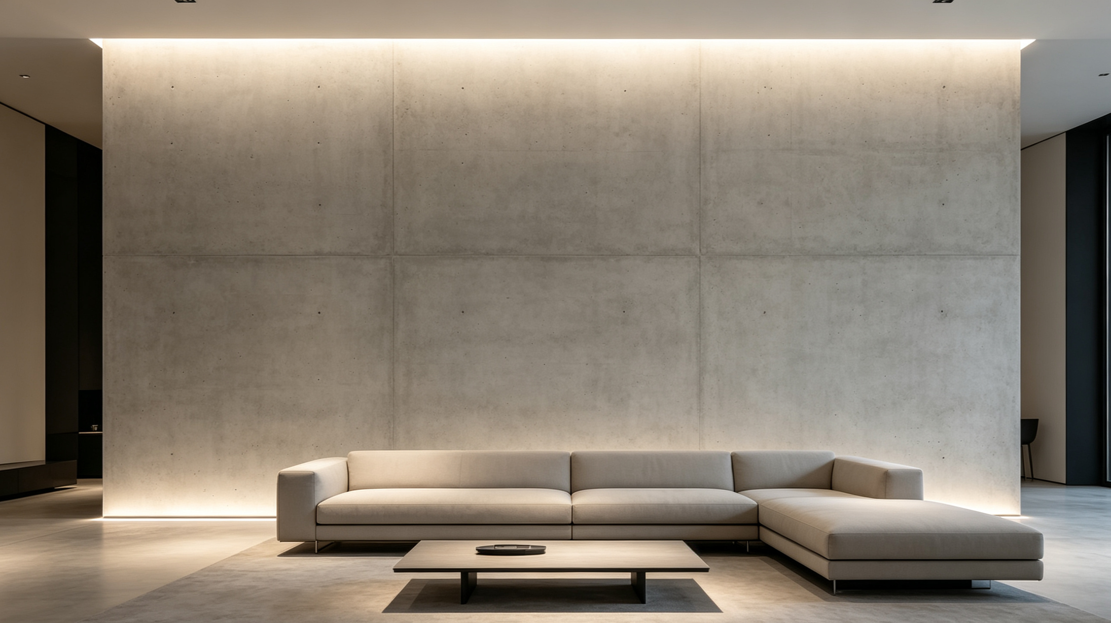Modern interior with a concrete wall, a large beige sectional sofa, and a black coffee table in front, lit with warm ambient lighting.