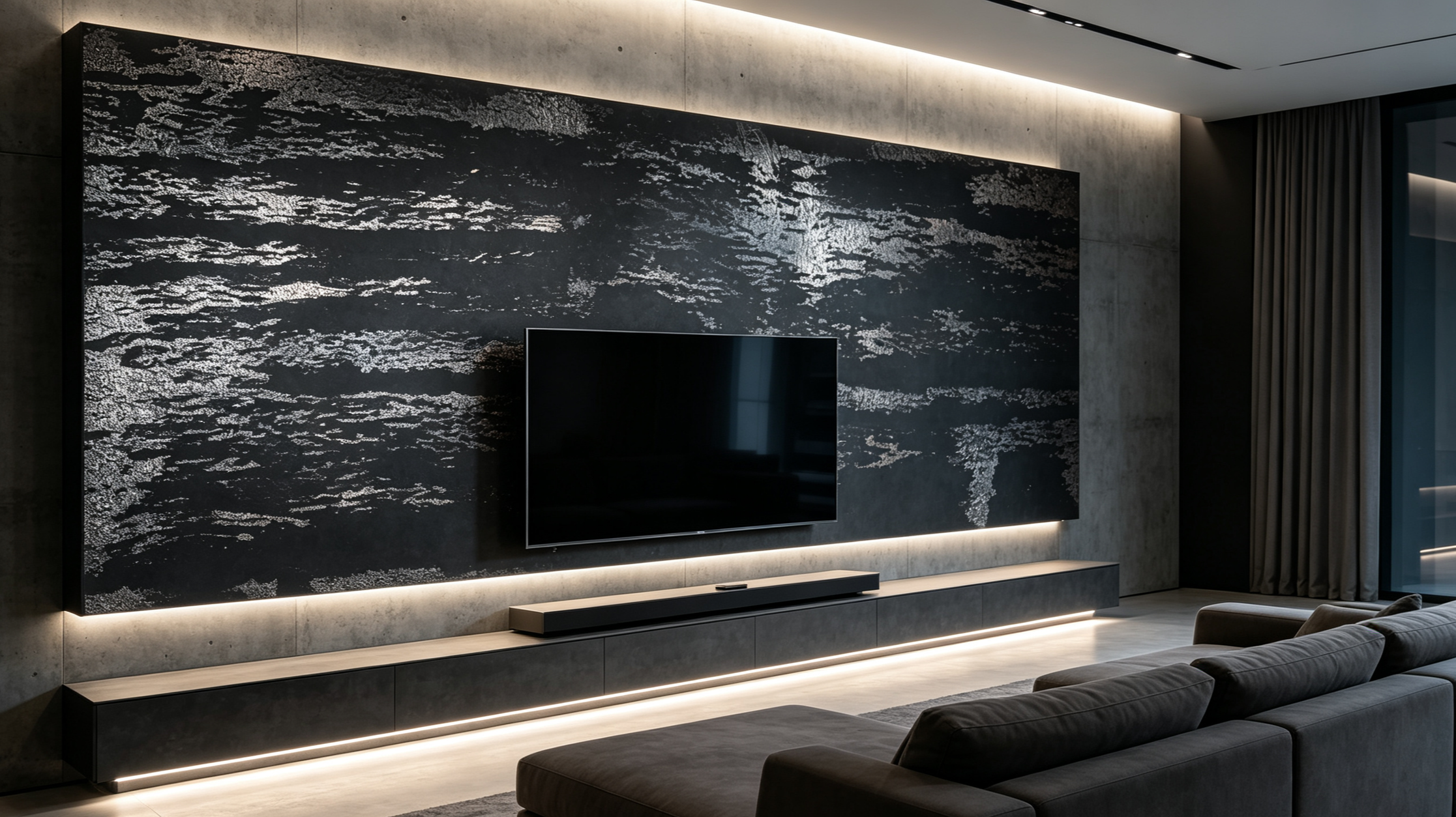 Modern living room with a black and white textured wall, a flat-screen TV, and a gray sectional sofa.