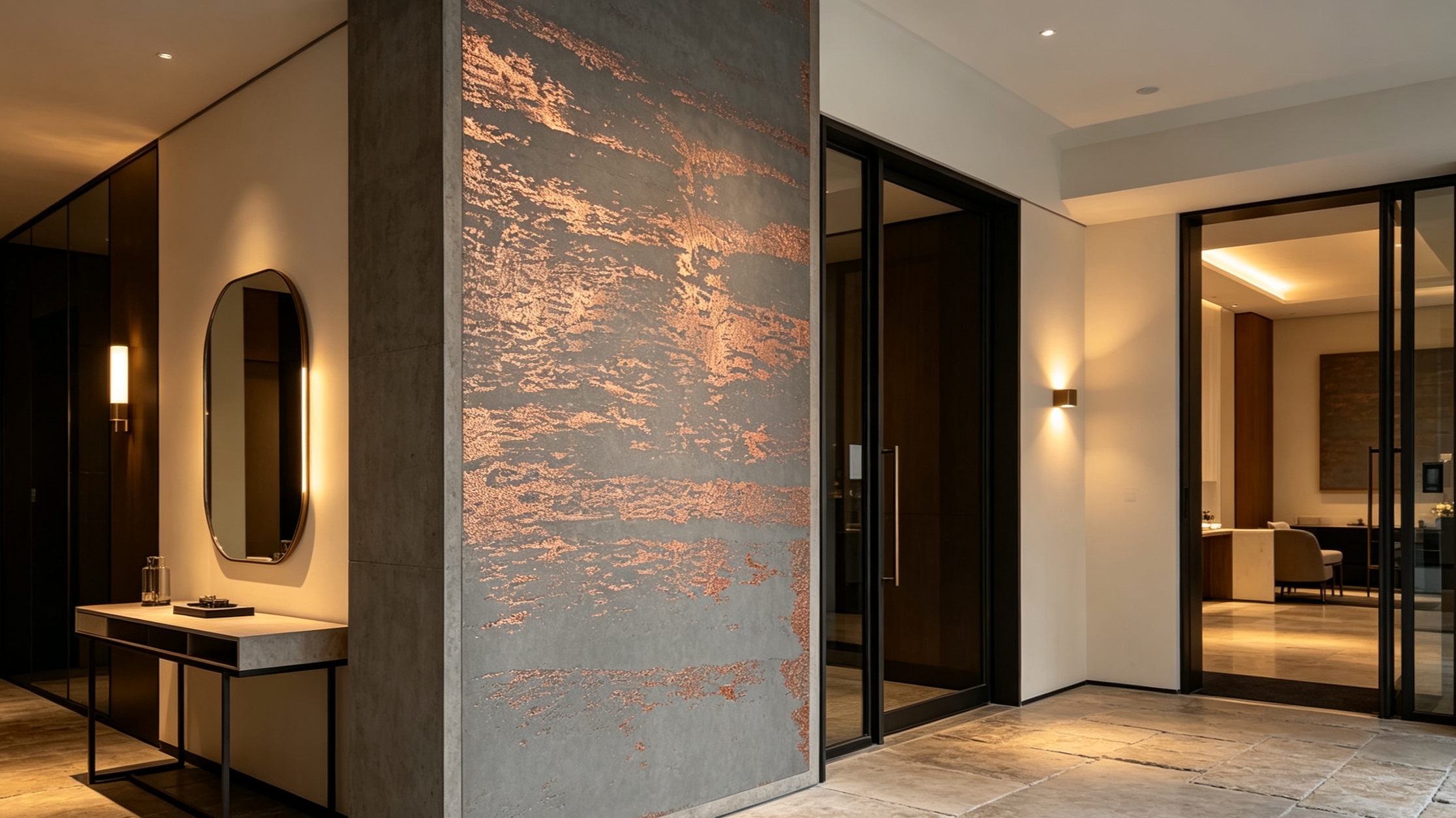 Modern interior of a residence with textured wall, mirror, side table, and open hallway leading to another room with warm lighting.