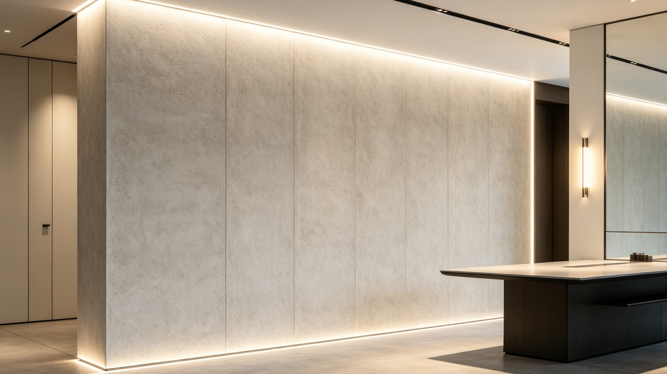 Modern interior with beige textured wall, recessed lighting, black accents, and a dark-colored table or counter.