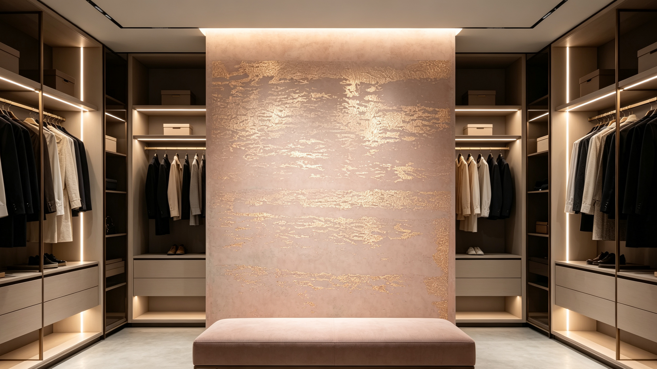 Luxurious walk-in closet with clothing racks on both sides, built-in shelves, and beige storage boxes, featuring a textured gold and beige decorative wall panel in the center.