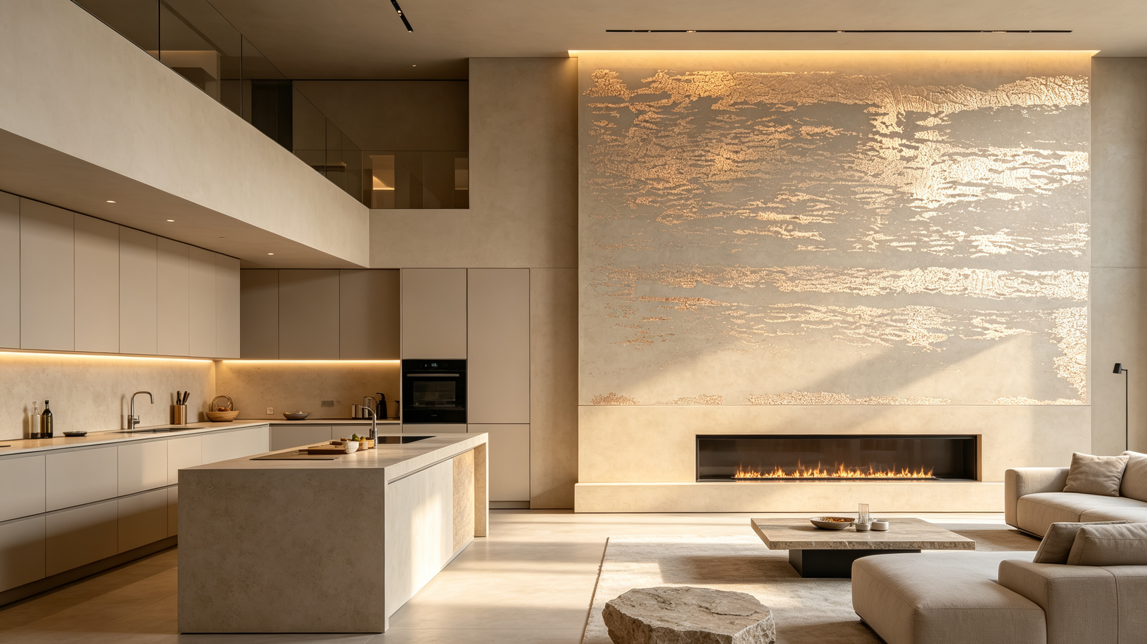 Modern kitchen and living room with a fireplace, minimalist decor, neutral colors, and a large textured artwork on the wall.