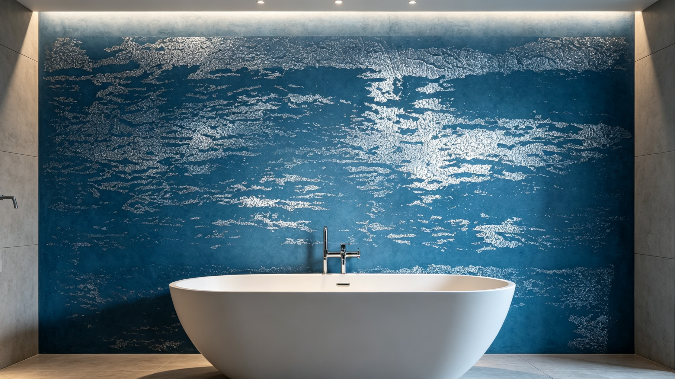 Modern bathroom with a freestanding oval bathtub in front of a blue textured wall with silver accents, flanked by marble-like wall tiles and under soft ceiling lighting.