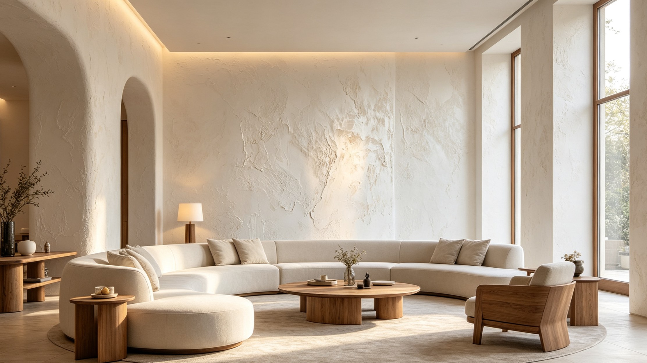 Bright living room with high ceilings, large windows, textured beige walls, white sectional sofa, round wooden coffee tables, and minimal decor including a table lamp and small plants.