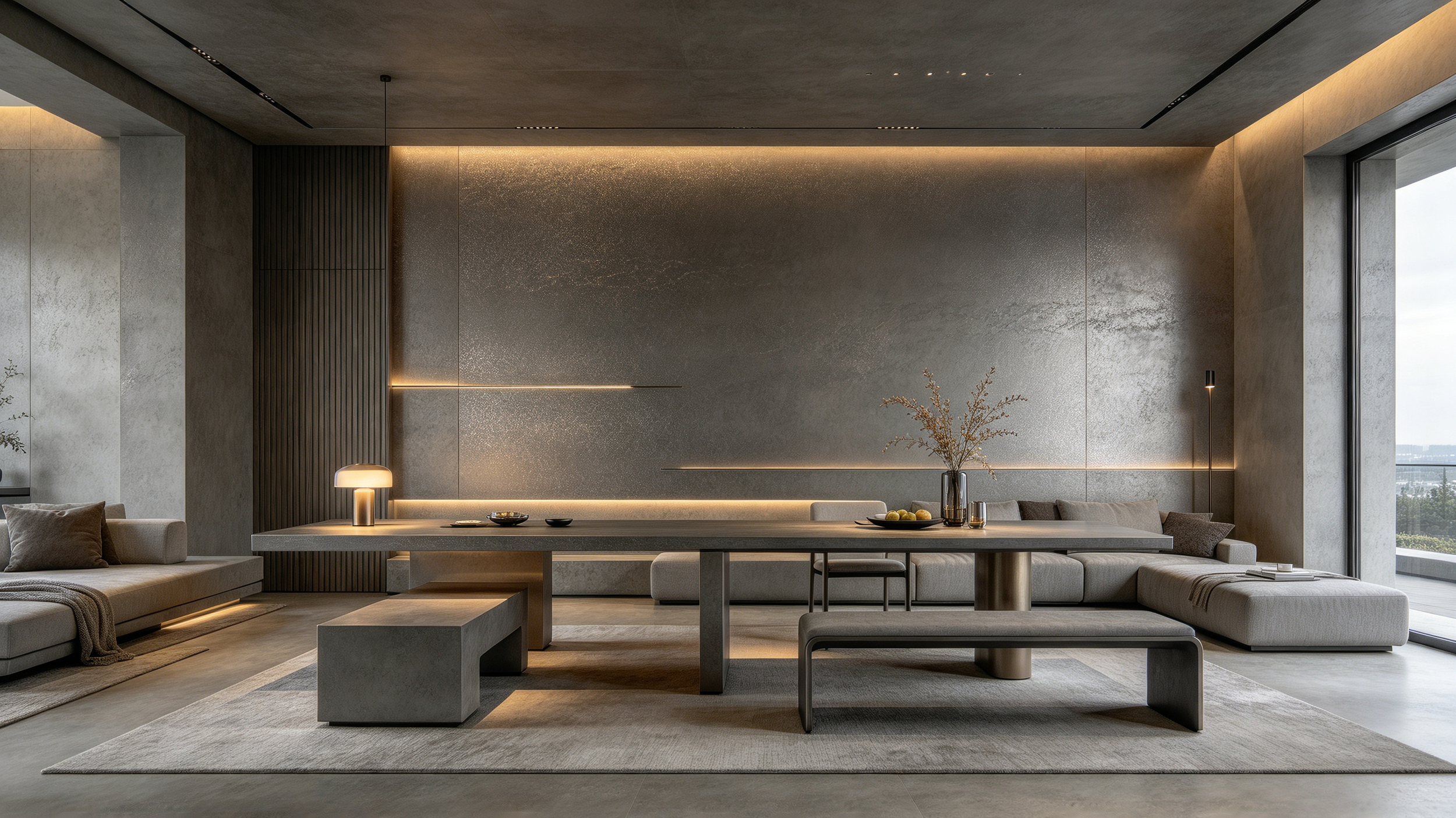 Modern living room with grey walls, large window, light-colored sofa, and minimalist decor including a table with a vase and fruit, illuminated with subtle lighting.