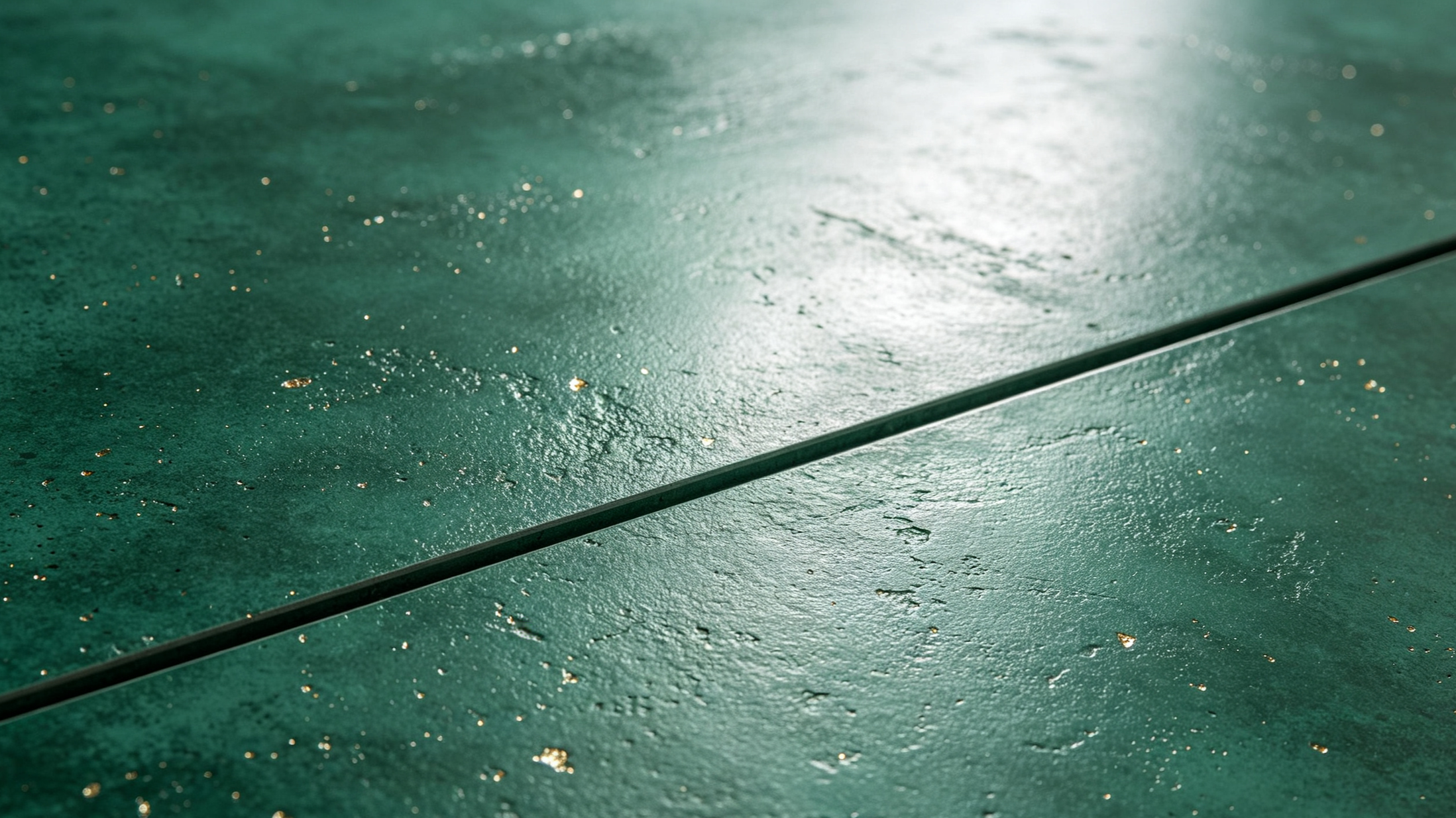 A close-up of a green surface with a line running across it, featuring small reflective spots and some imperfections.