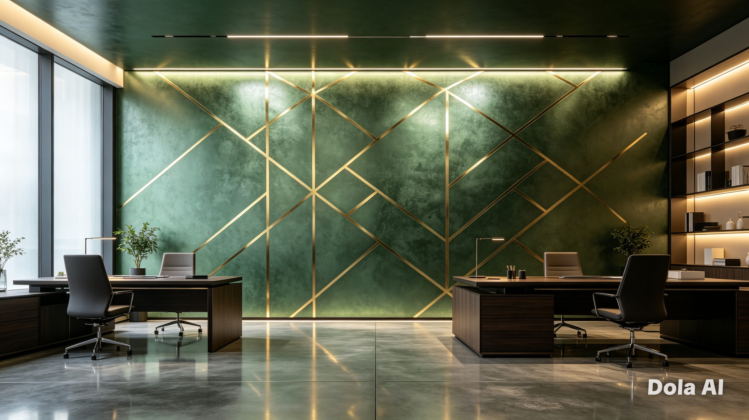 A luxury apartment with a metallic concrete finish and golden separation lines.