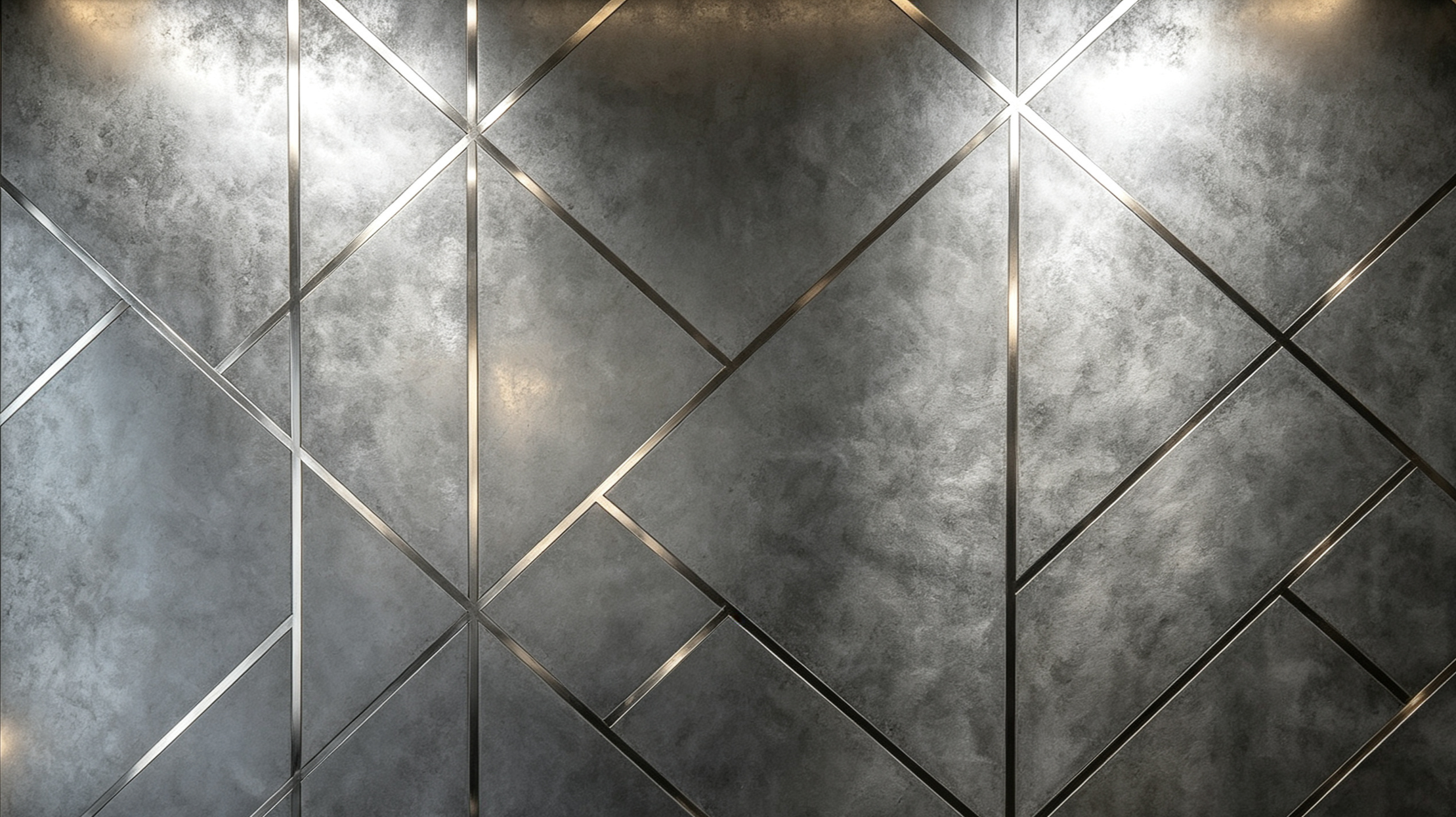 Close-up of a modern wall with textured gray panels divided by thin metallic diagonal lines forming a geometric pattern.