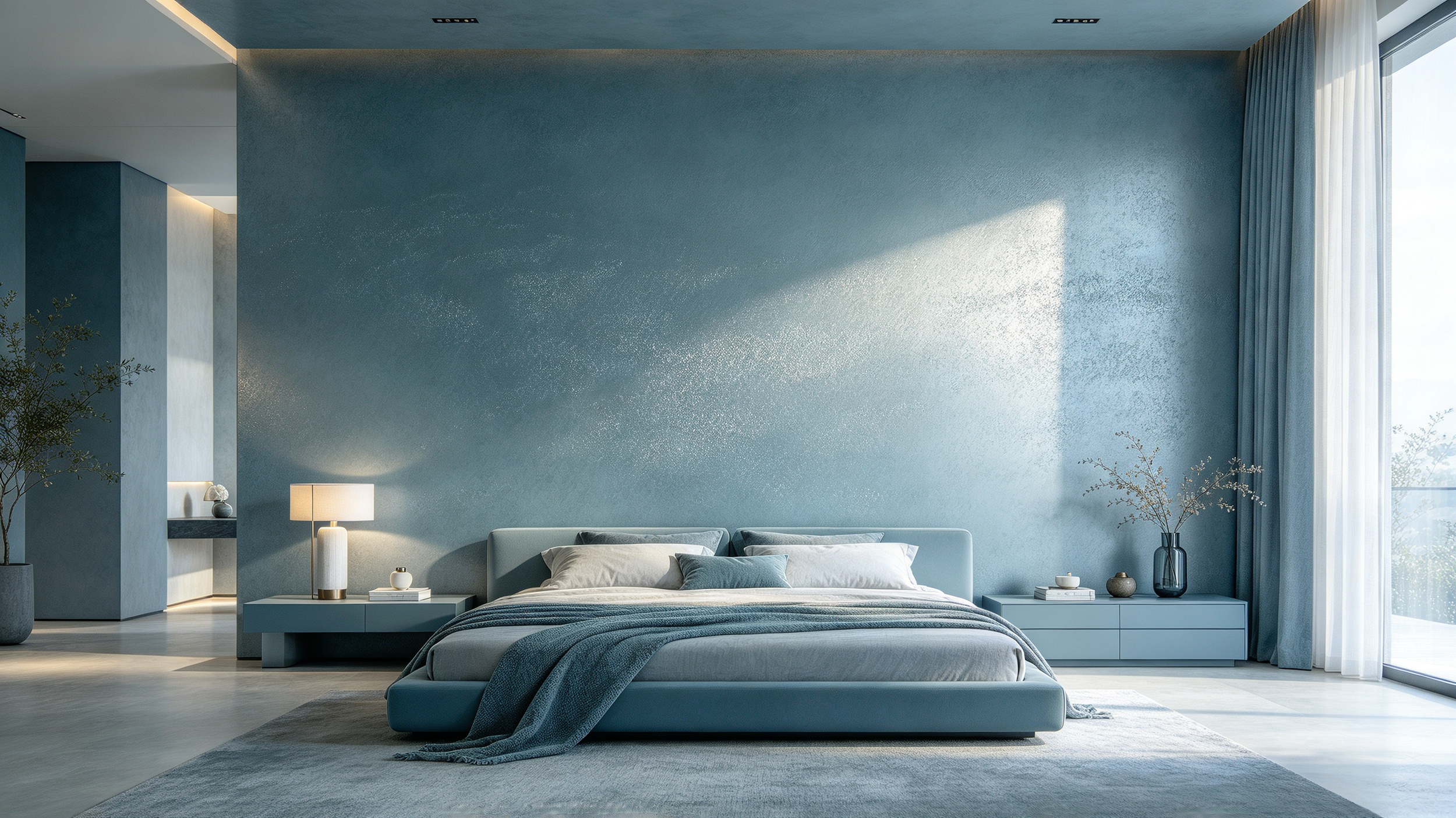Modern bedroom with blue textured accent wall, large window with curtains, bed with grey and white bedding, bedside tables with decorative objects, and a dresser with a lamp and plants.