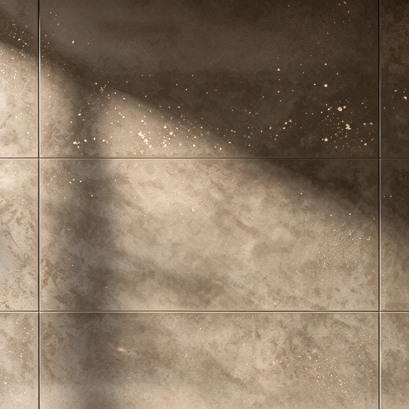 Close-up of textured brown tiles with a spray paint effect and speckles.