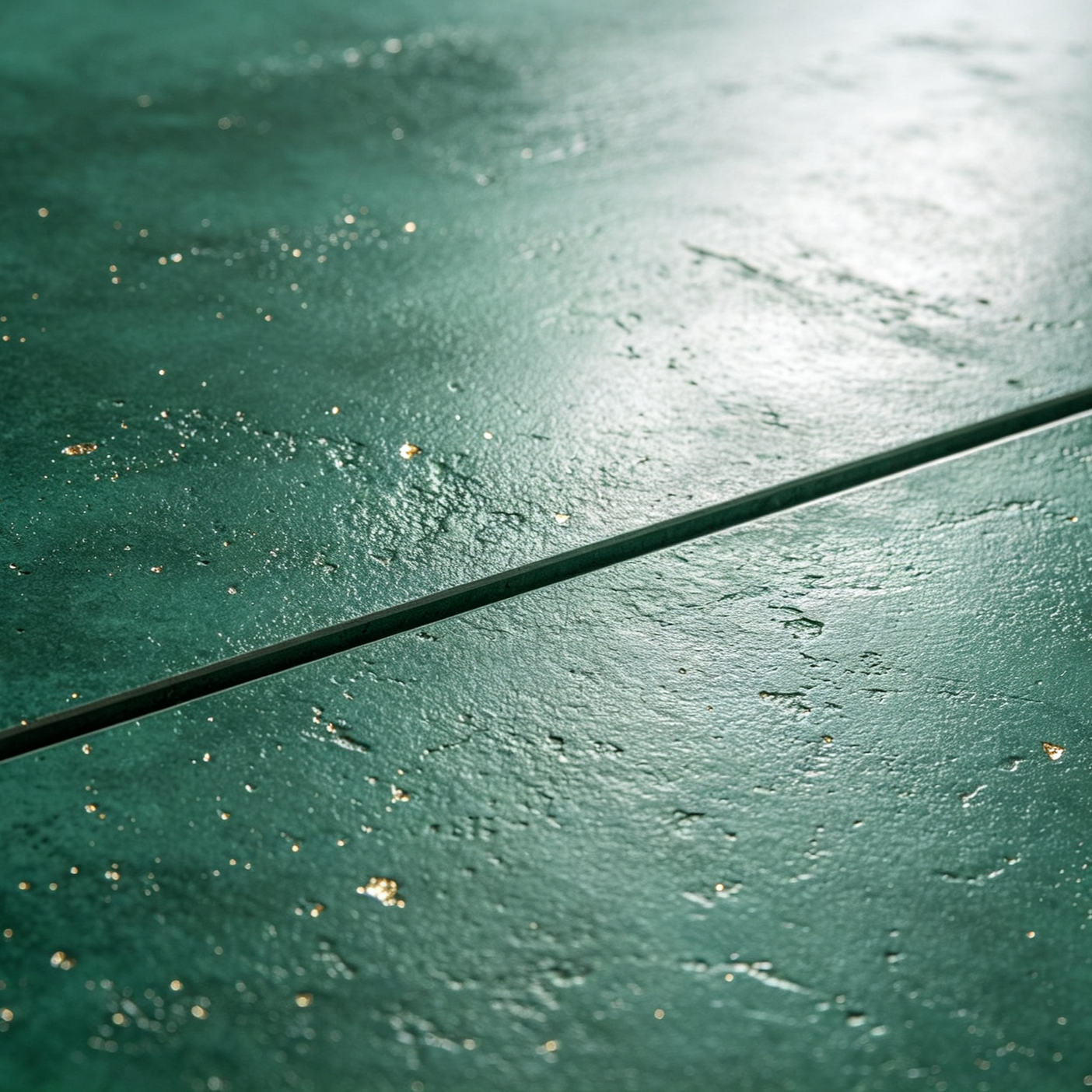Close-up of a green tennis court surface with a line and some scattered gold leaf decorations.