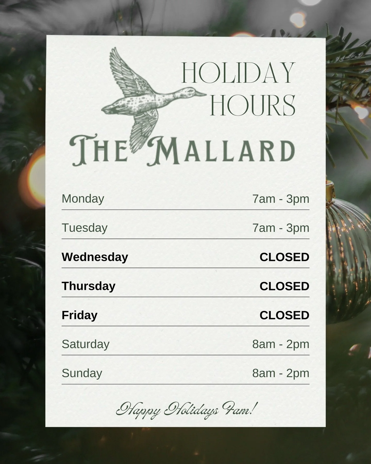 We&rsquo;ll be closed Christmas Eve 24th-26th to rest with our families for the holidays🎄Can&rsquo;t wait to have you back Saturday the 27th 💚