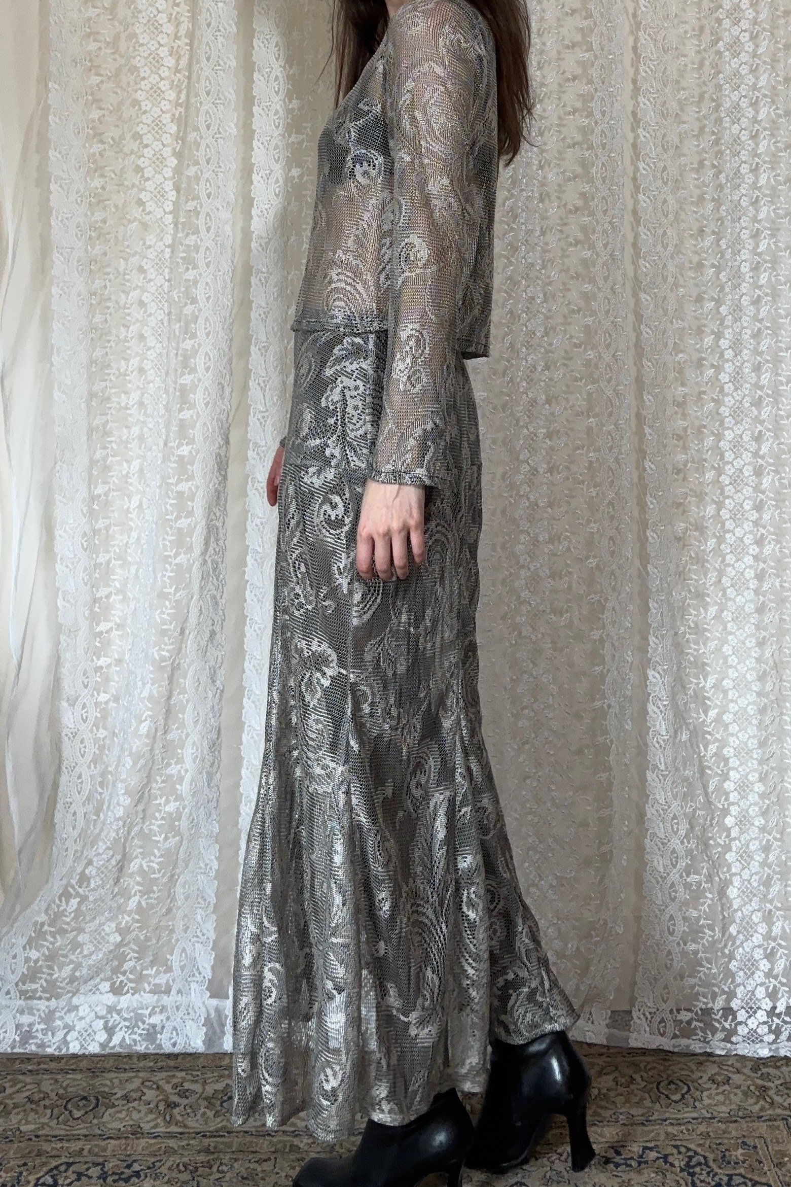 Doves Cry Midi Skirt in Grey Lace