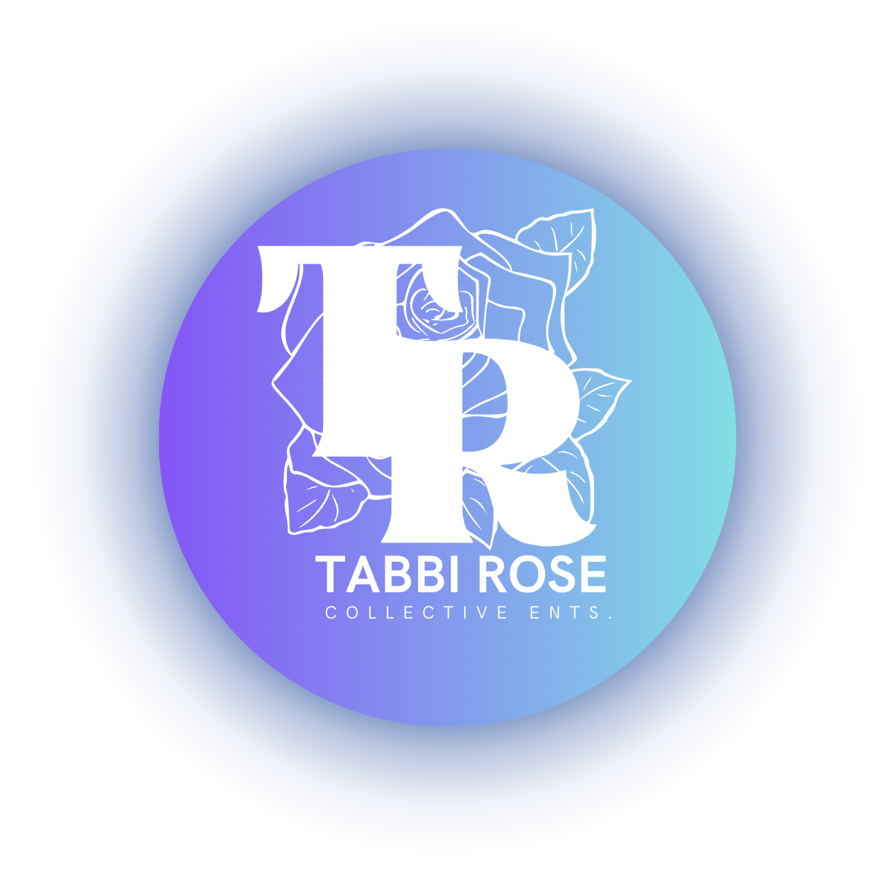 A logo with large stylized letters 'T' and 'R' over a line art drawing of a rose, with the words 'Tabbi Rose' and 'Collective Ents.' underneath, on a blue to purple gradient circle background.