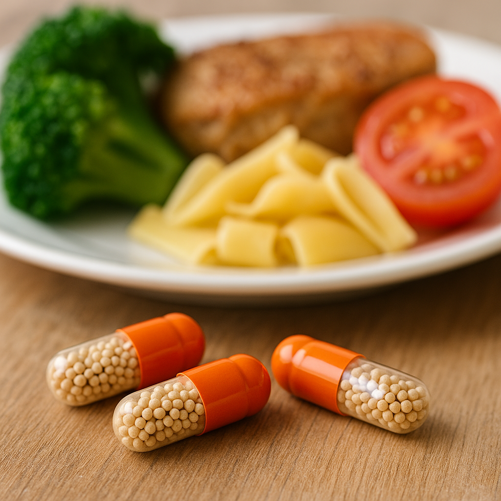 Three capsules of medicine with orange caps on a wooden surface, with a blurred dinner plate in the background containing broccoli, pasta, a grilled meat patty, and sliced tomato.