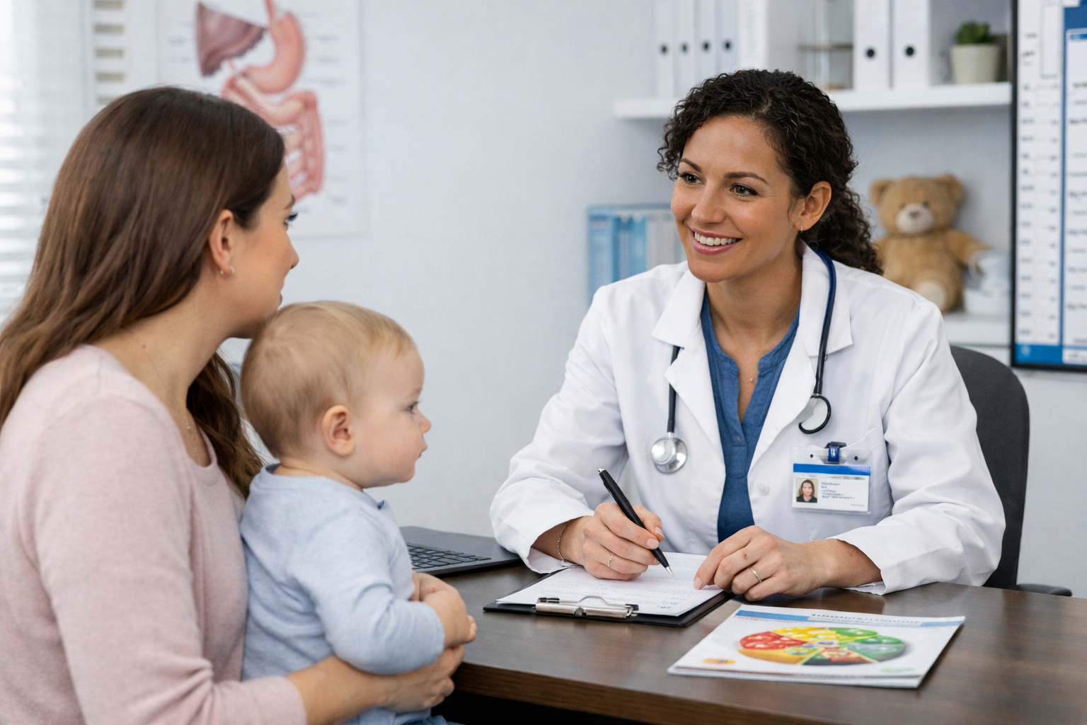 Paediatric dietitian consulting with mother and baby during nutrition appointment