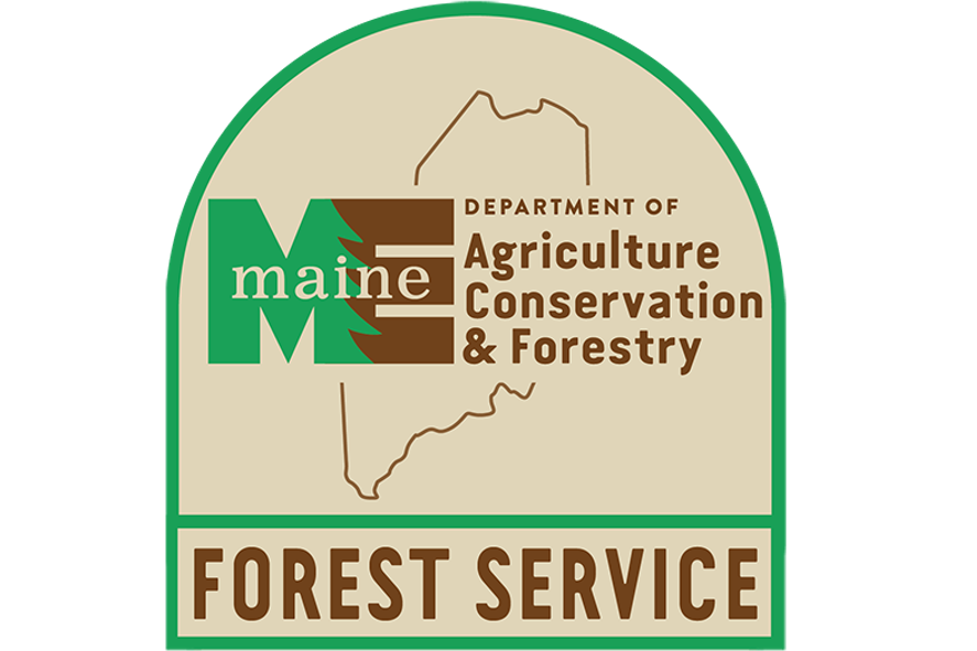 Logo of Maine Department of Agriculture, Conservation & Forestry Forest Service with outline of the state of Maine and text.