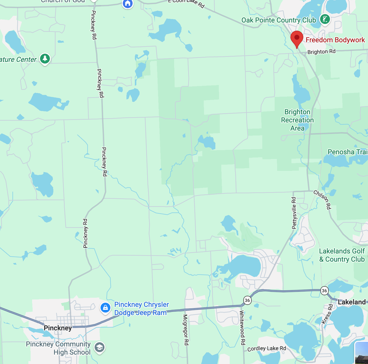 Map showing Freedom Bodywork location in Howell Michigan near Pinckney