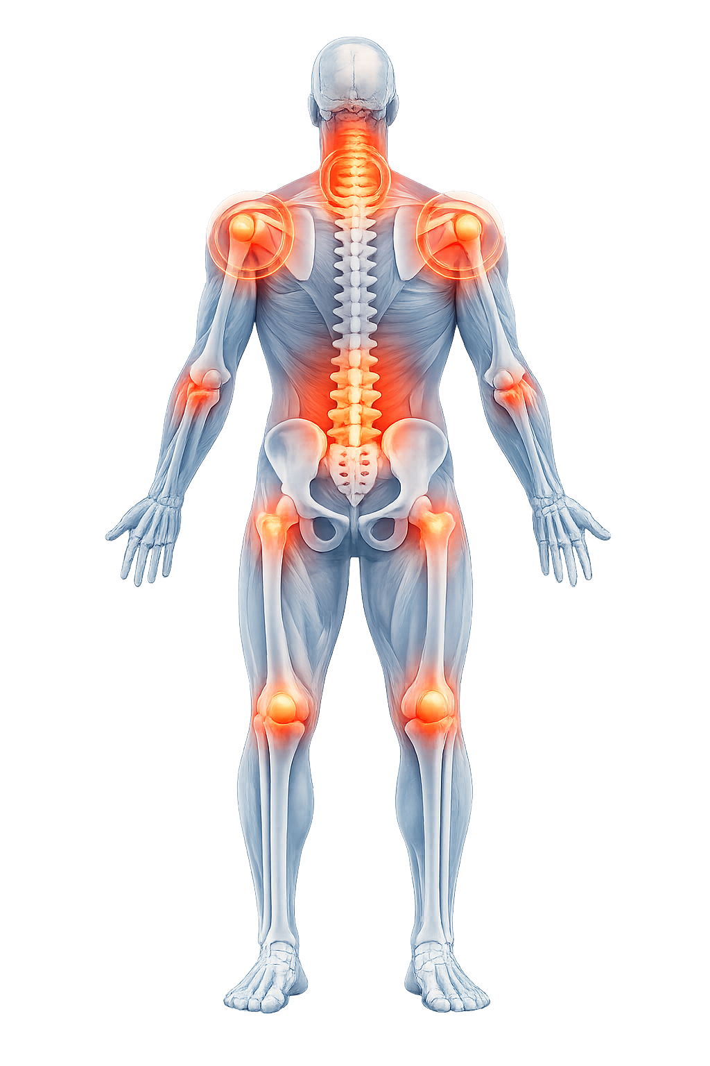 Anatomical illustration showing common pain areas including neck shoulders lower back hips and knees”