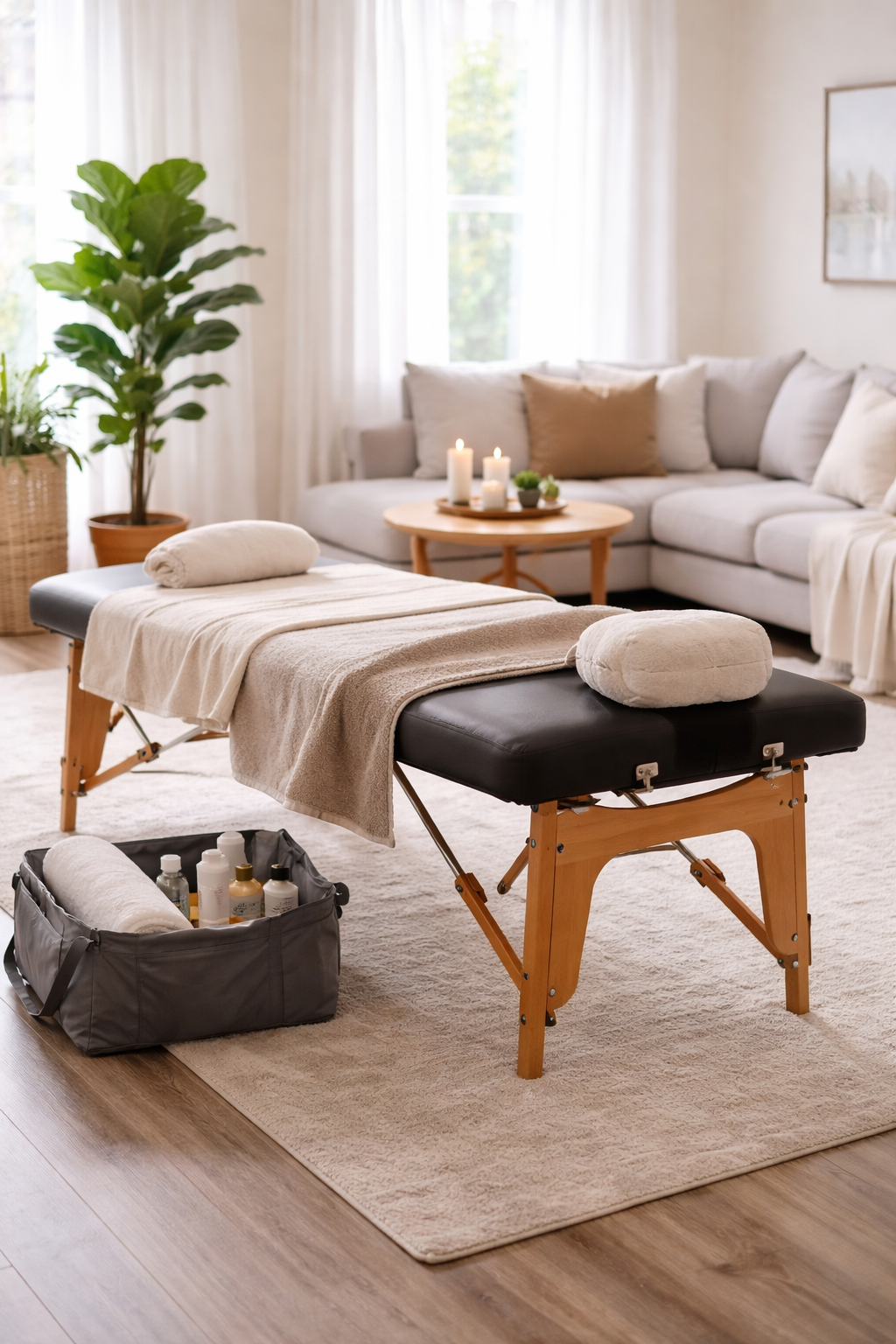 Mobile in-home massage setup provided by Freedom Bodywork in Livingston County Michigan