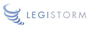 Logo with a stylized tornado graphic and the word "LEGISTORM".
