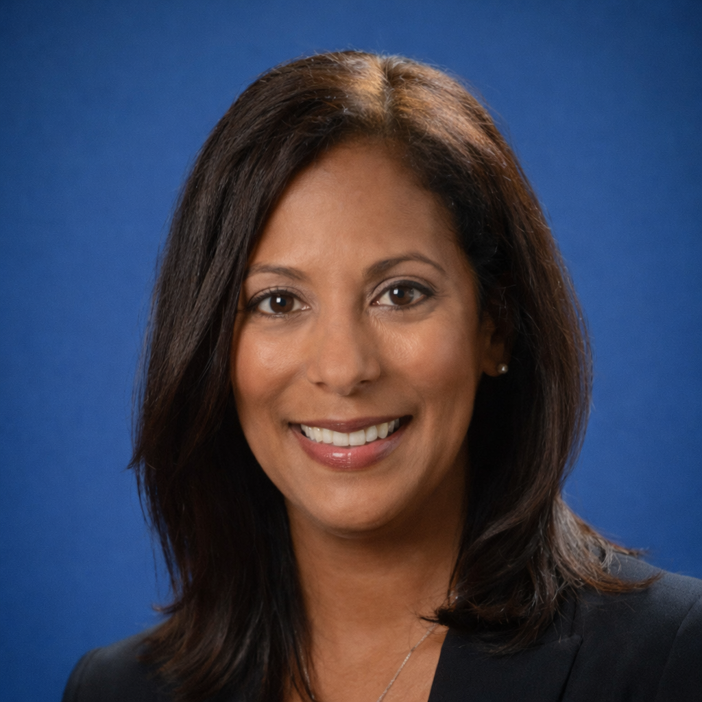 Black and white portrait of a woman with medium-length hair, wearing a blazer and necklace, smiling at the camera.