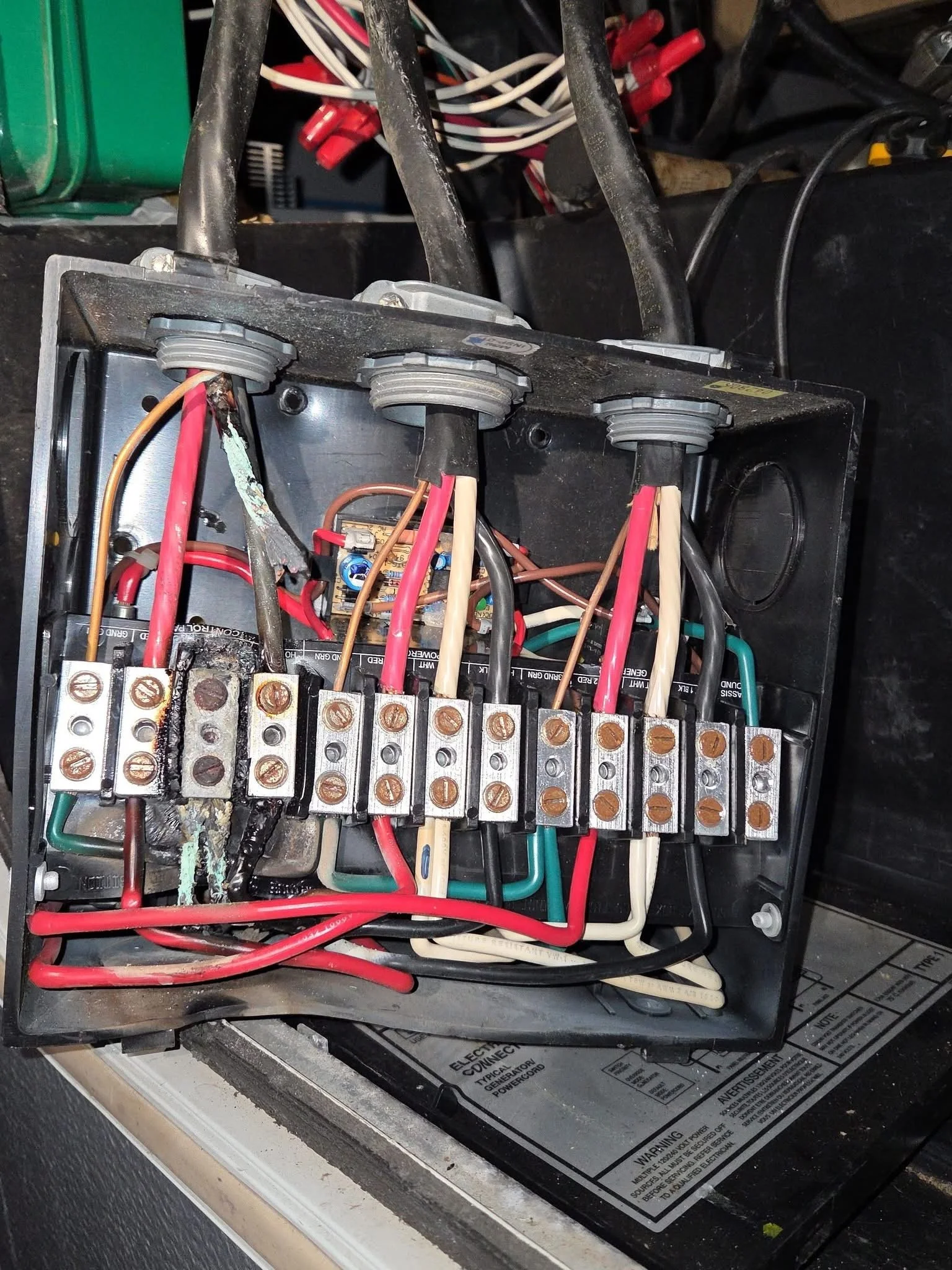 Inside of a failed transfer switch. Corroded set screws. Burned neutral wires. Burned terminal block. (from a customer)