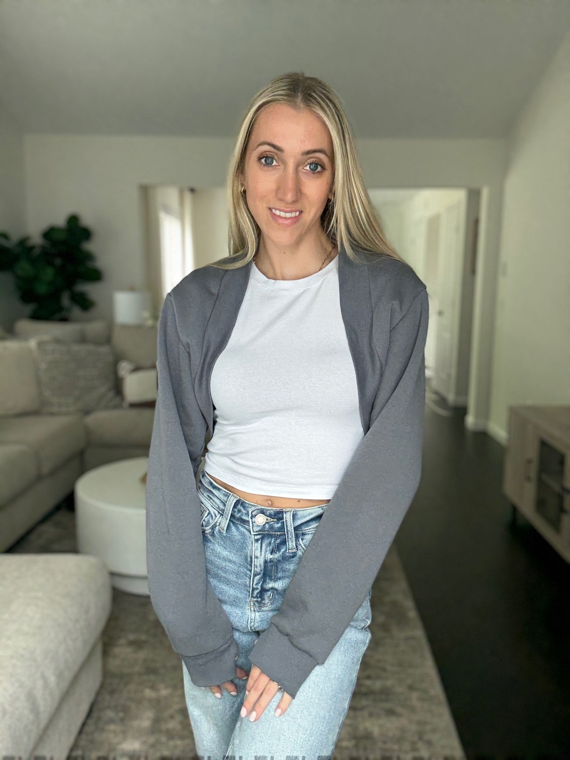 cropped shrug for women, gray shrug top, lightweight shrug jacket, open front shrug, women's layering shrug, long sleeve shrug, casual shrug cardigan, loungewear shrug
