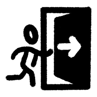 Stick figure running towards an open door with an arrow indicating exiting direction.