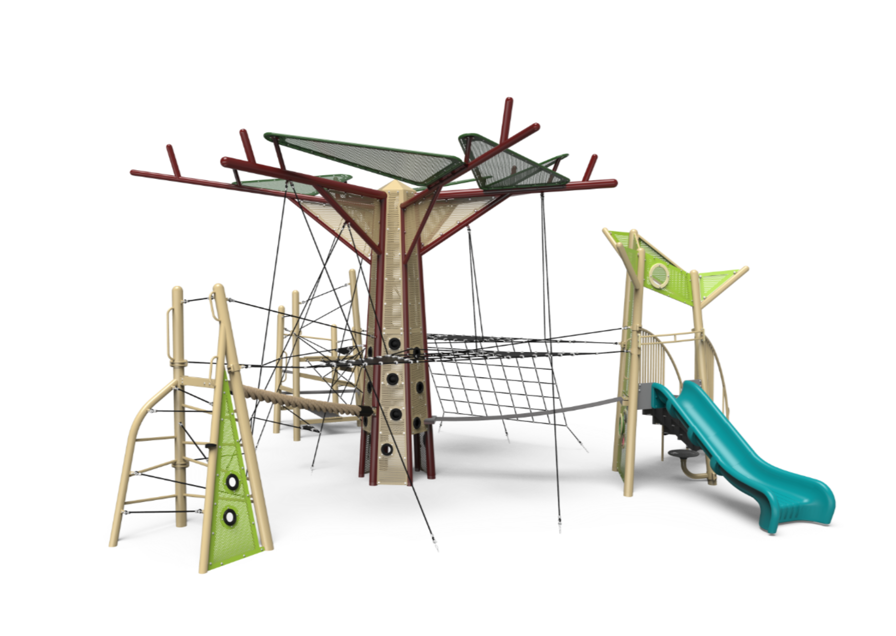 Children's outdoor playground structure with a slide, climbing ropes, and various platforms and nets, designed for recreational play.