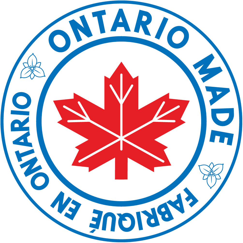 Circular emblem with a red maple leaf at the center, surrounded by blue text and flowers, reading 'Ontario Ontario Made' and 'Fabulous'.