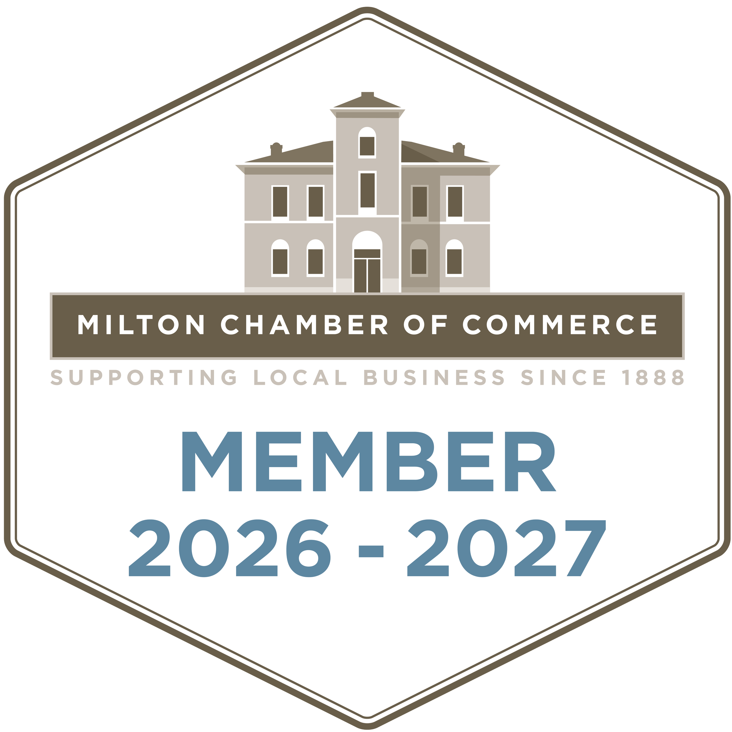Milton Chamber of Commerce membership badge for 2026-2027, featuring a building illustration, with text supporting local business since 1888.