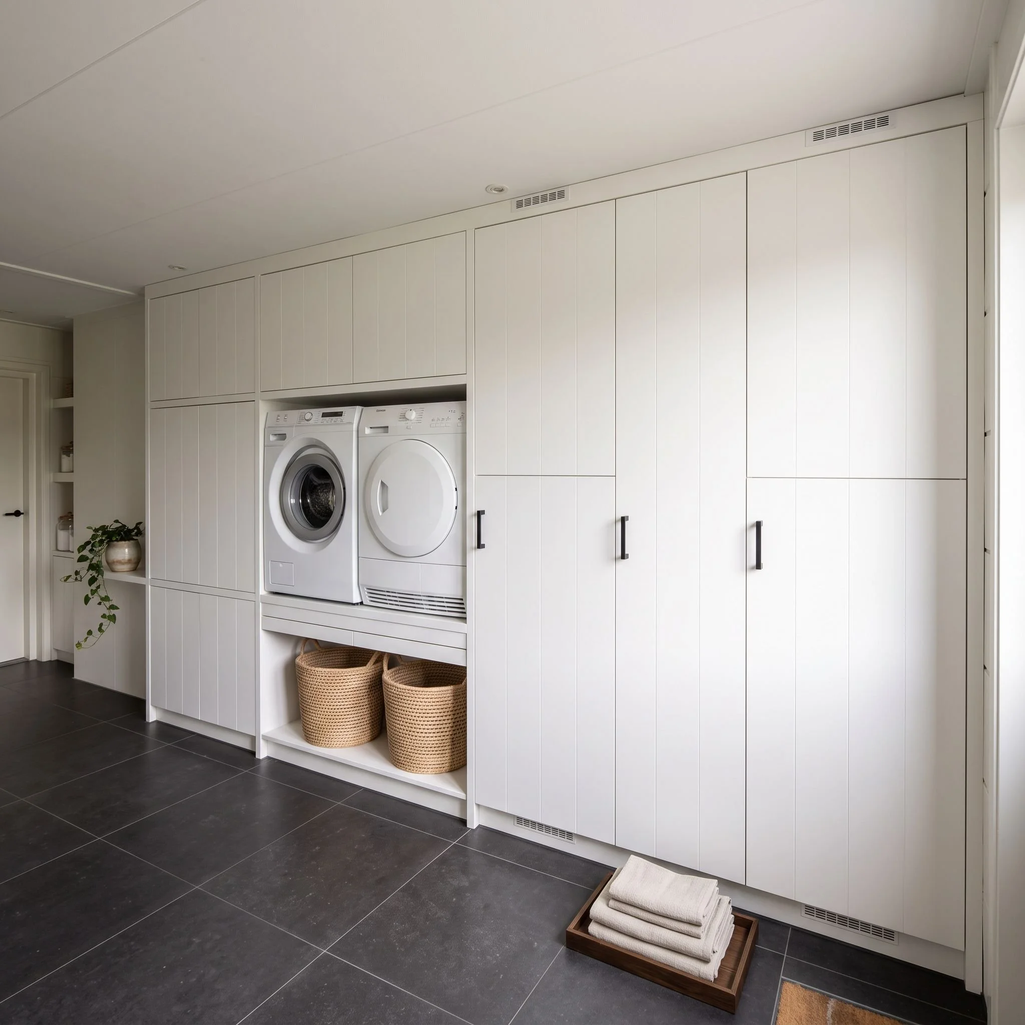 Een wasruimte met een witte kast en een wasmachine en droger. Onder de kast staan twee manden en op de vloer liggen vier gestapelde handdoeken. De vloer is betegeld met zwarte tegels.