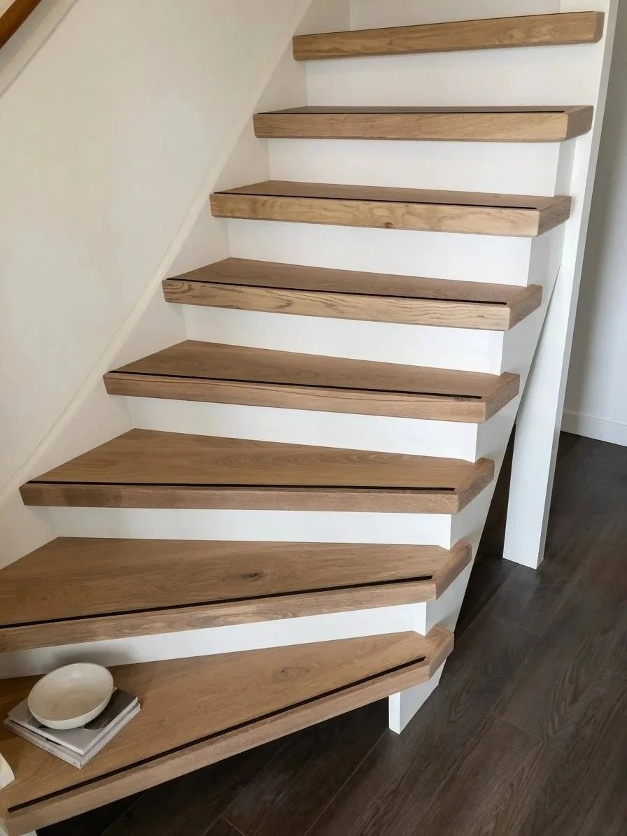 Houten trap met witte zijpanelen en een houten vloer onder de trap, met een witte schaal en een boek op een lagere plank.