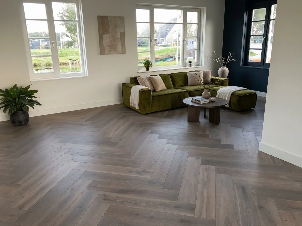 Moderne woonkamer met grote ramen, groene bank, lade en decoratieve planten.