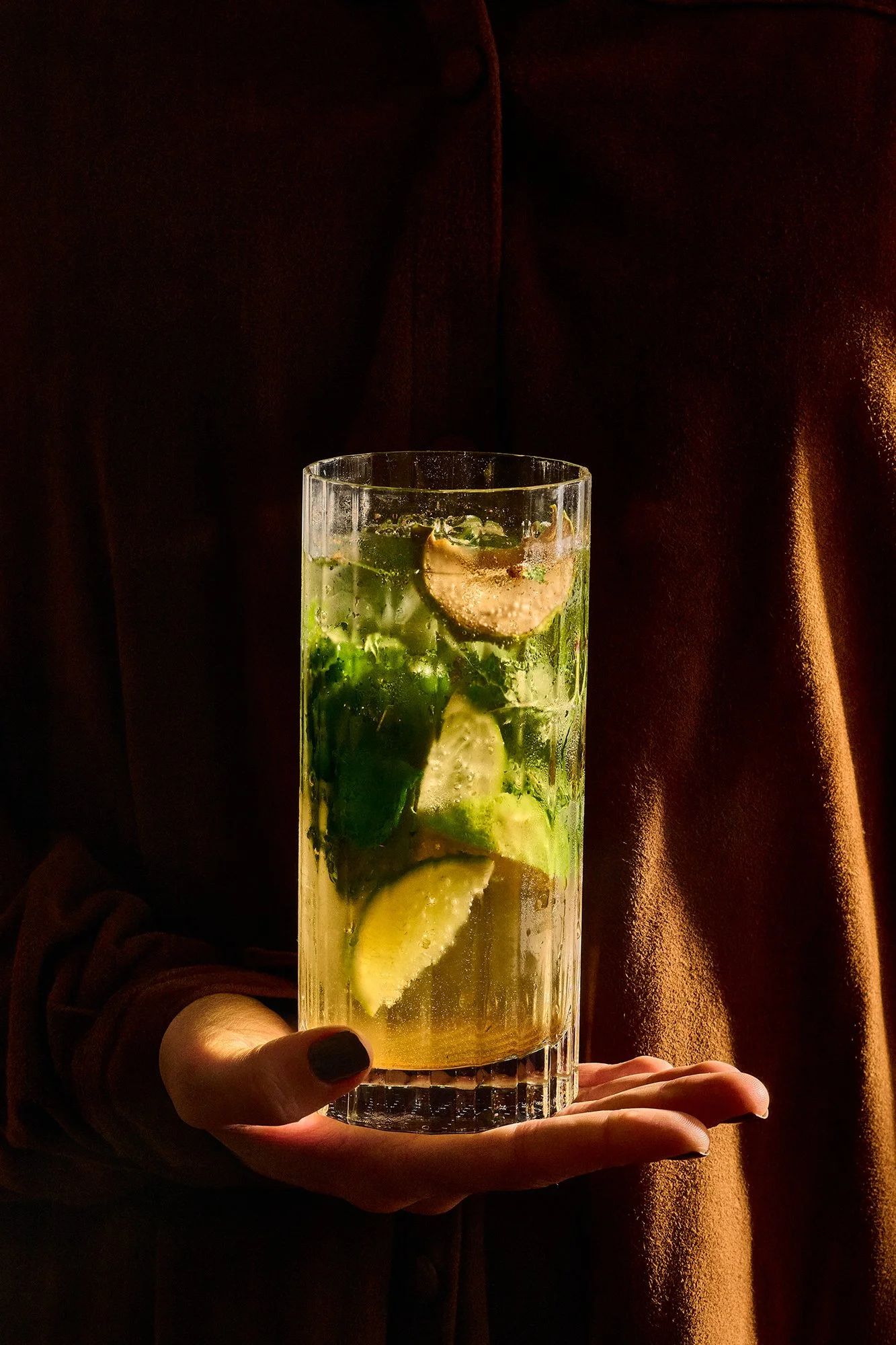 Una mano sostiene un vaso alto lleno de limones, menta y hielo, con una bebida refrescante.