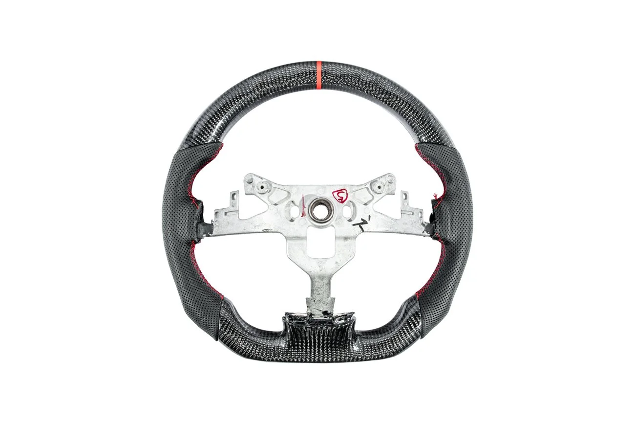 Corvette C6 Models | GM Factory Style Round Top Flat Bottom Carbon Fiber Red Stripe Red Perforated Leather Red Stitching Steering Wheel ( Button Cover Not Included ) ( Heated Option Not Included )