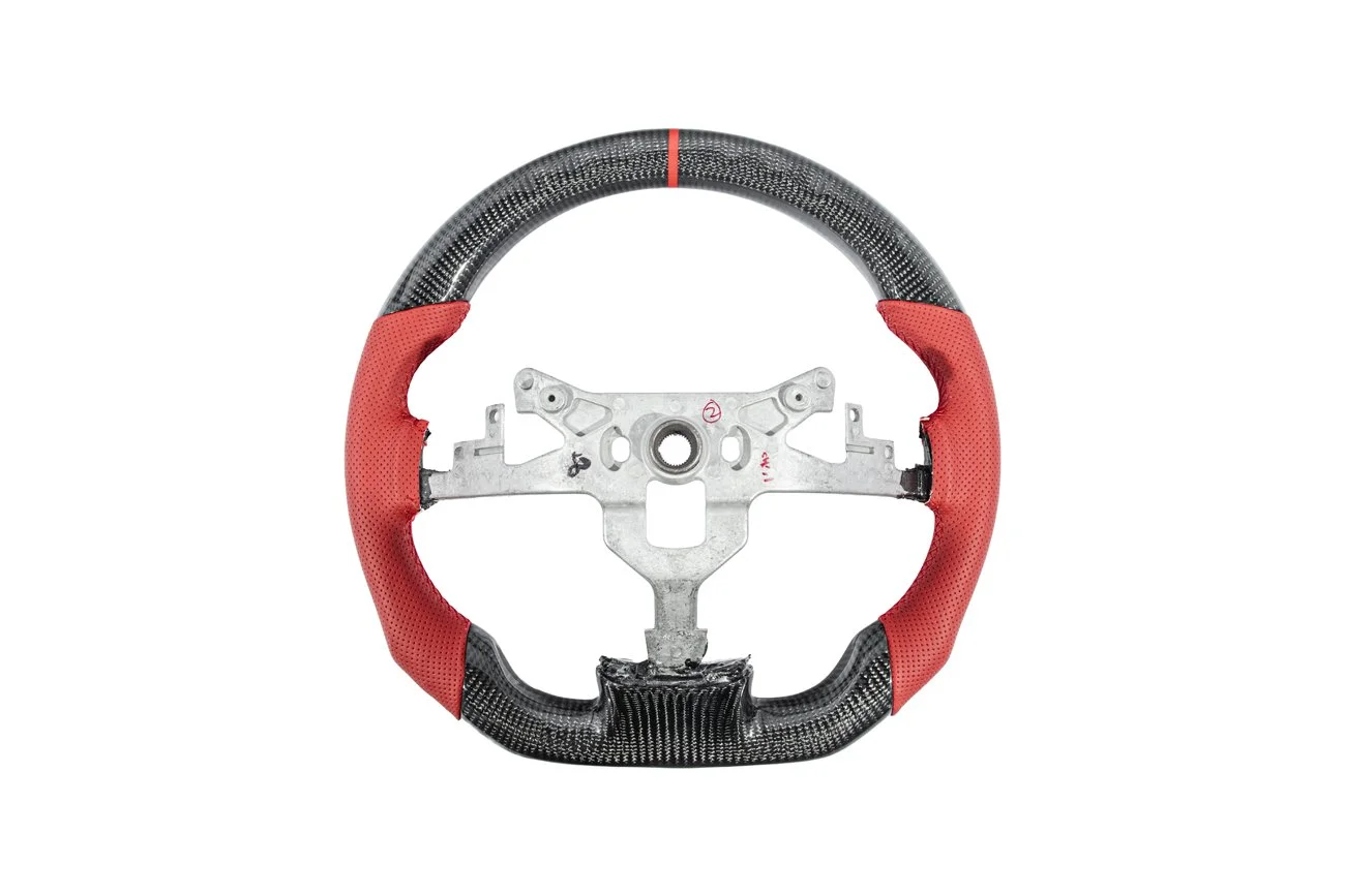 Corvette C6 Models | GM Factory Style Round Top Flat Bottom Carbon Fiber Red Stripe Red Perforated Leather Red Stitching Steering Wheel ( Button Cover Not Included ) ( Heated Option Not Included )