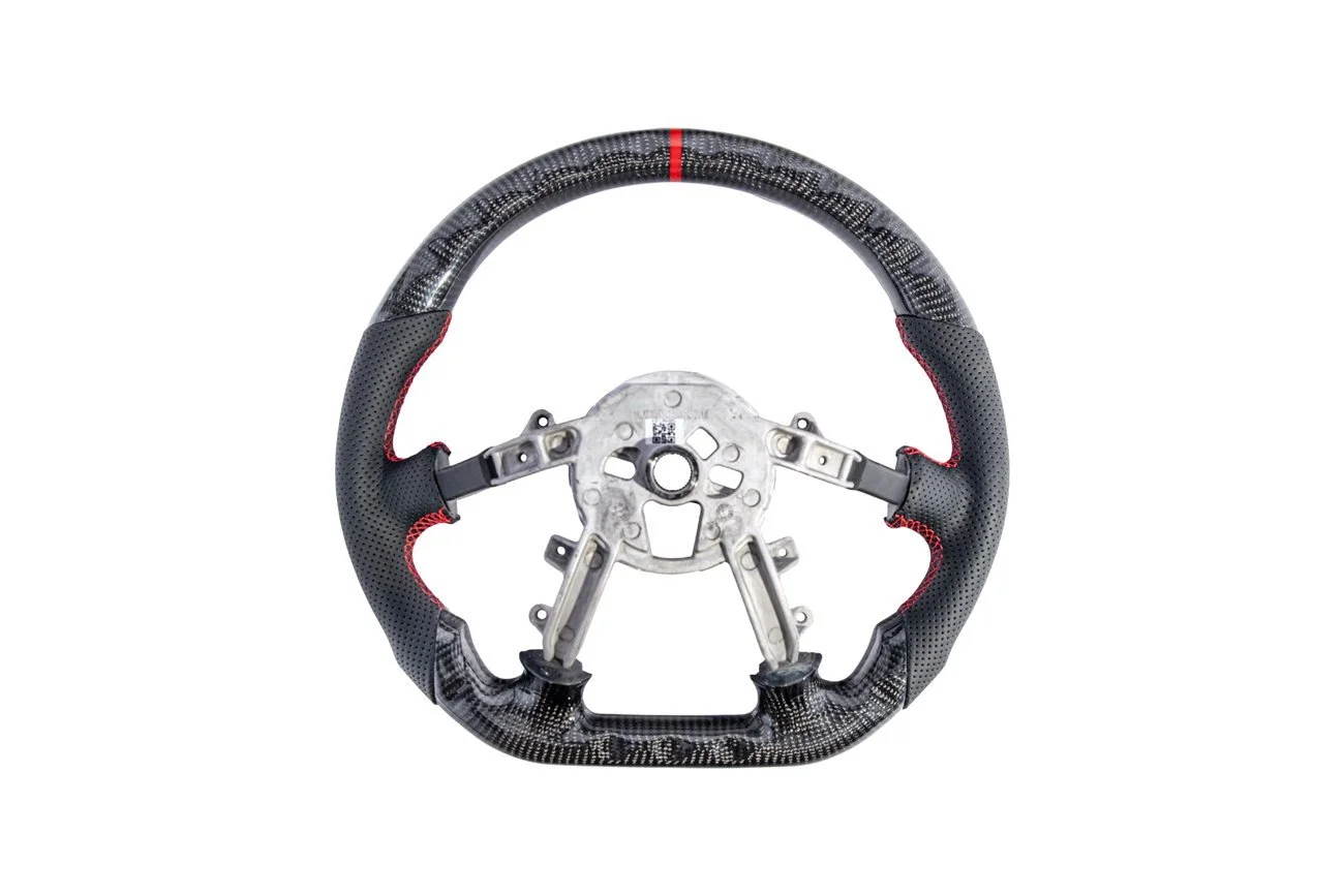 Corvette C5 Models | GM Factory Style Round Top Flat Bottom Carbon Fiber Red Stripe Perforated Leather Red Stitching Steering Wheel ( Button Cover Not Included ) ( Heated Option Not Included )