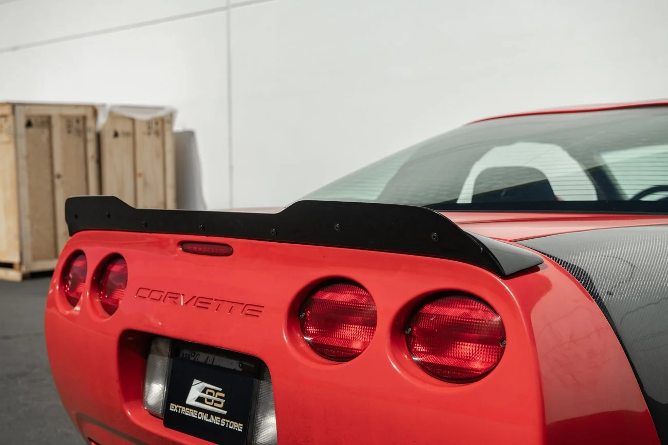 Corvette C5 ALL Models | ZR1 Extended Style ABS Plastic - Painted Glossy Black Rear Trunk Wing Aluminum - Painted Black Wickerbill Spoiler