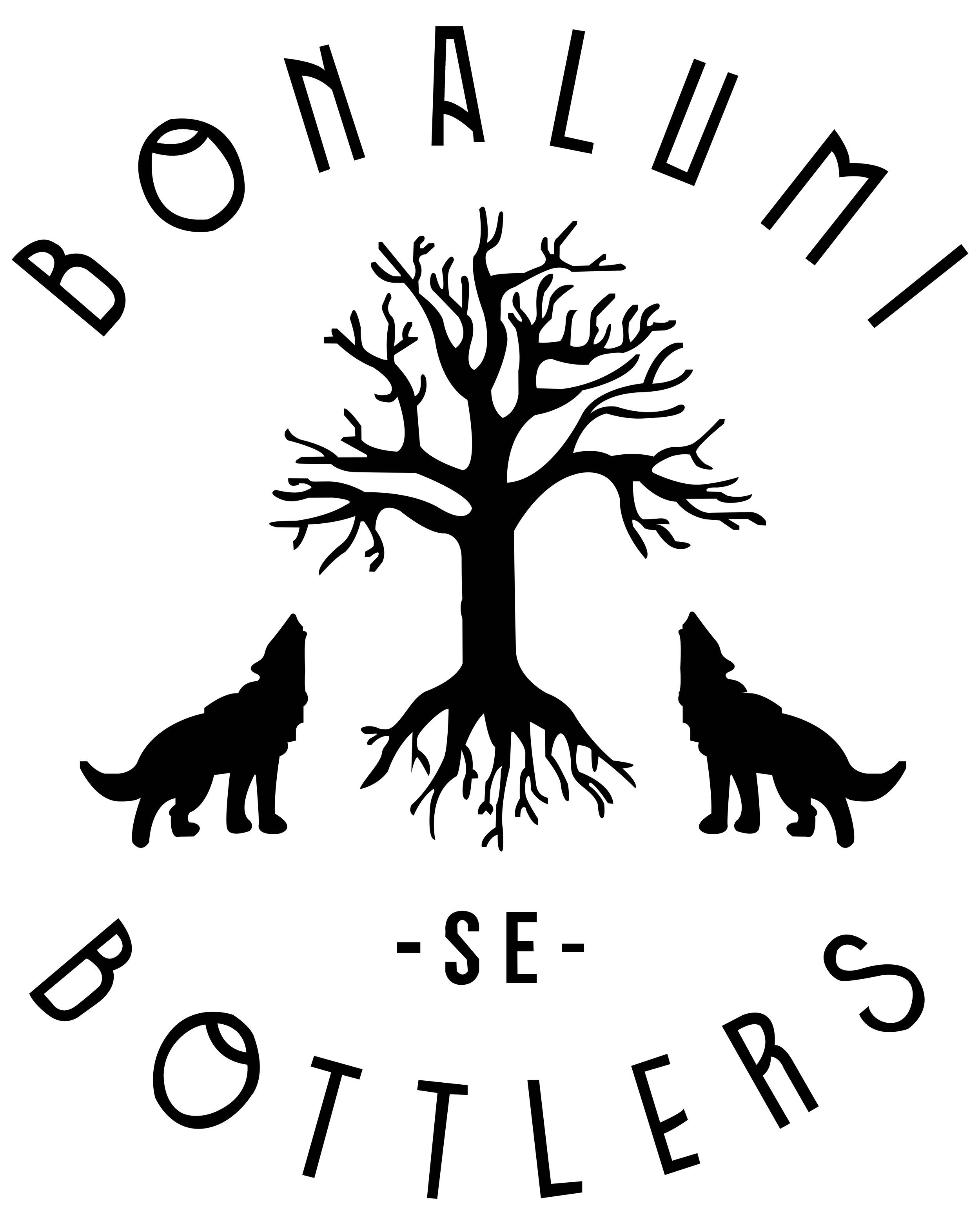 Un arbre stylisé sans feuilles entouré de la phrase 'Balatum' en arc au sommet et 'Bord de Mer' en arc à la base, avec des montagnes en dessous.