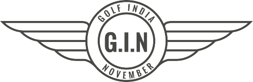 Logo de Golf India, avec un cercle central contenant G.I.N, entouré de ailes stylisées et de textes 'GOLF INDIA' et 'NOVEMBER'.