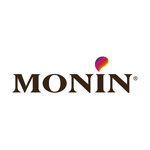 Logo Monin avec une touche de couleur rouge et violet en forme de plume au-dessus du texte.