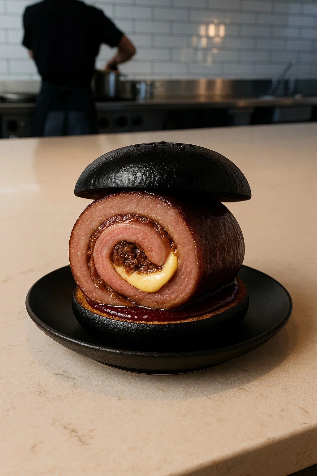 The most talked-about burger in Nelson Tasman? 
@leplonc.nz has stirred up a little controversy. Love it or not, you’ve definitely heard about it.
Meet French Kiss – a flame-licked ballotine of ox tongue and cheek with triple-cream chee