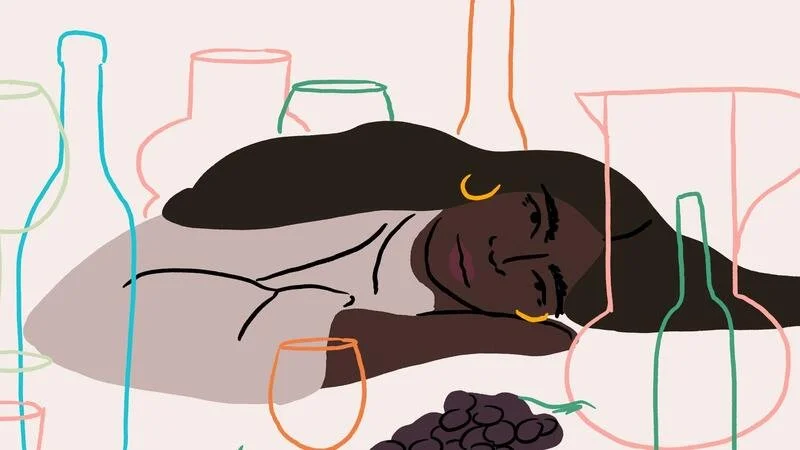 illustration of a woman resting her head on a table surrounded by colorful outlines of wine bottles, glasses, and grapes
