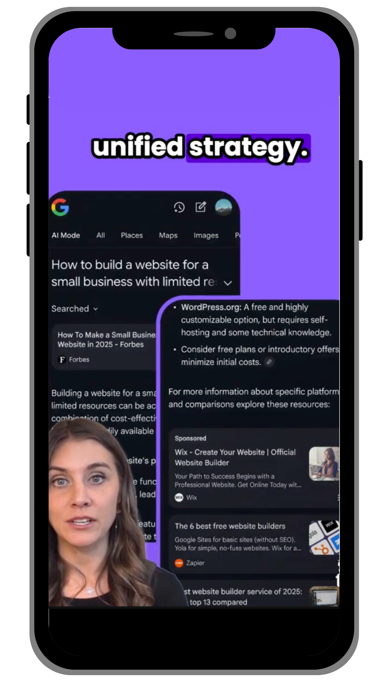 A phone with a green screen video showing a woman's have in front of a Google AI overview.