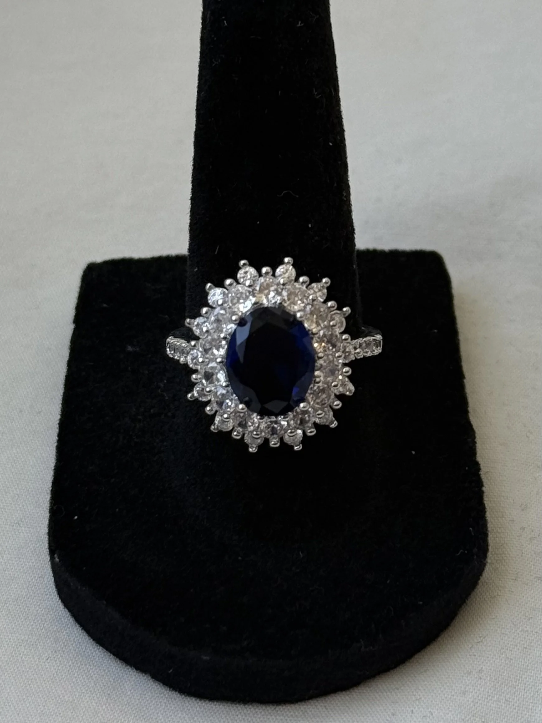 Size 7 - Silver-Tone Blue & White CZ Oval Halo Statement Ring