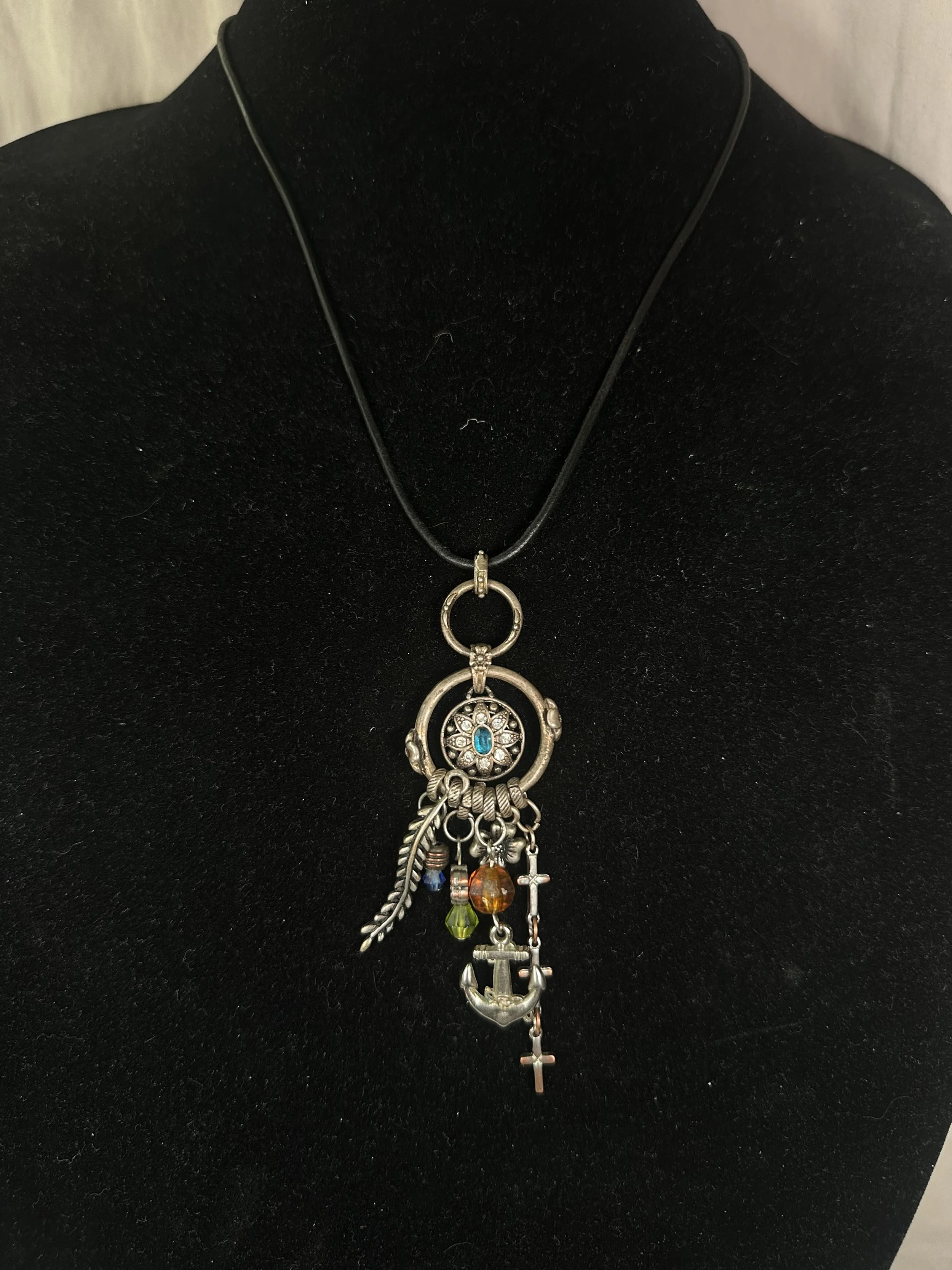 Silver-Tone Multi-Charm Pendant Necklace on Black Cord